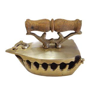 Old Vintage Antique Brass Charcoal Box Iron with Wood Handle